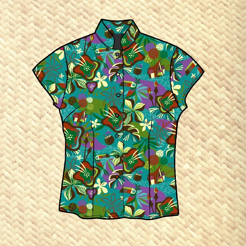 LAST CHANCE, 'Escape to Adventure' Classic Aloha Button Up-Shirt - Womens Front Pockets Side Pockets Patch Pockets