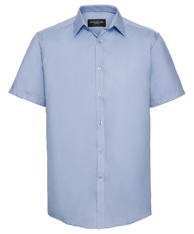 Light Blue - Short sleeve herringbone shirt Handmade Hand-knitted Hand-woven