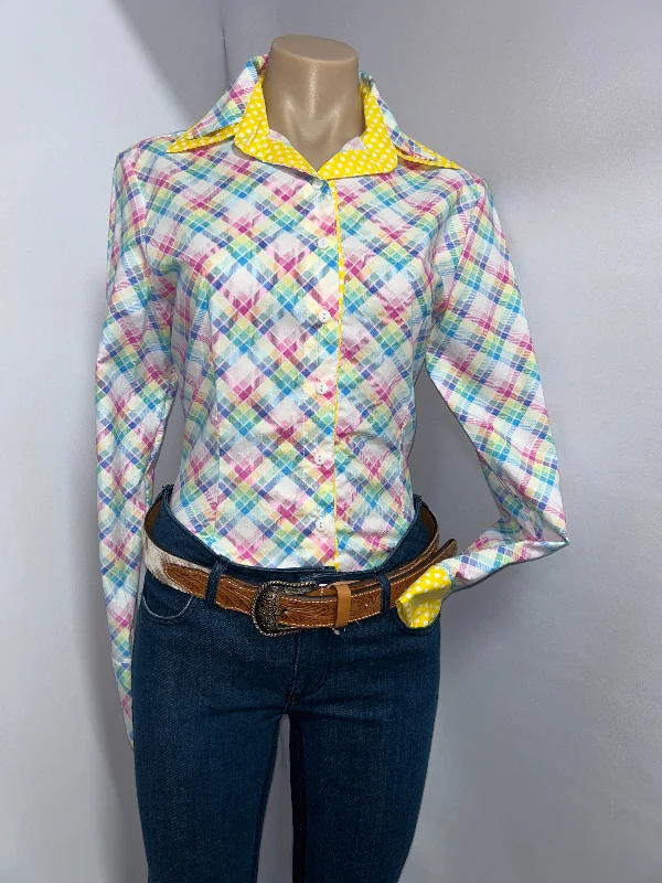 Netties Ladies Yellow Annie Fitted L/S Shirt Notch Collar Peter Pan Collar Cowl Neck