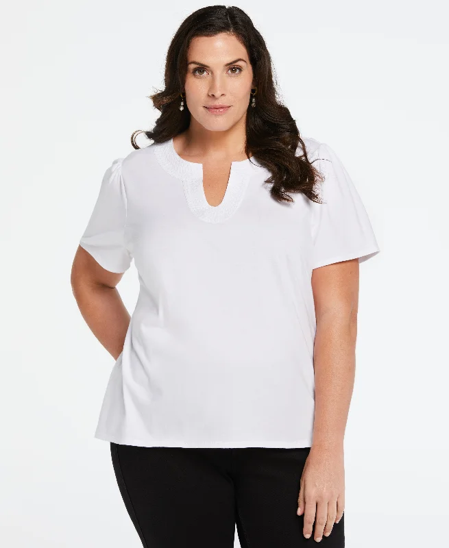 Plus Size 100% Cotton Jersey Top with Woven Trim Textured Jersey Blouse