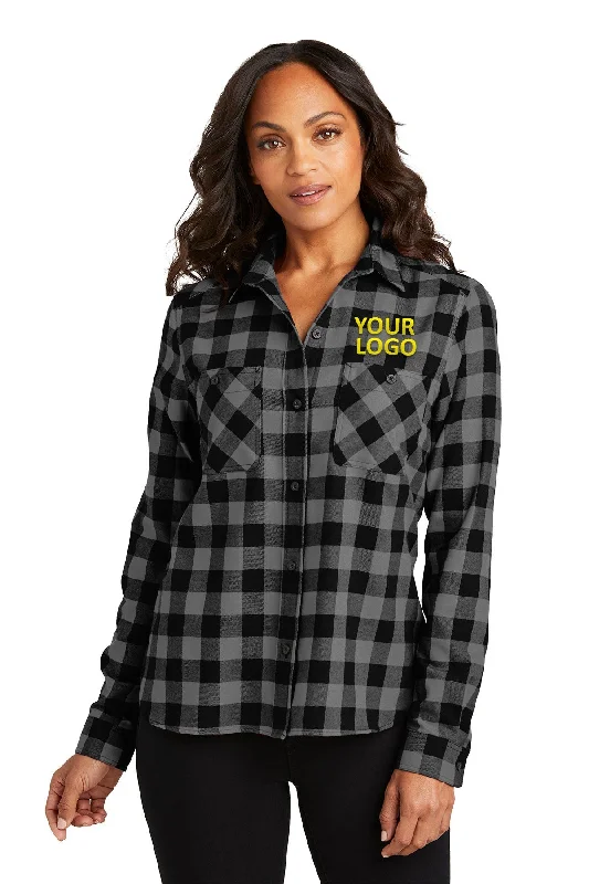 Port Authority Ladies Customized Plaid Flannel Shirts, Grey/ Black Buffalo Check Fashionable Trendy Casual