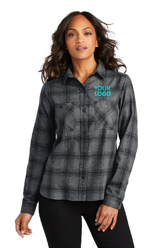 Port Authority Ladies Custom Plaid Flannel Shirts, Grey/ Black Open Plaid Zippered Front Buttoned Front Snap Front