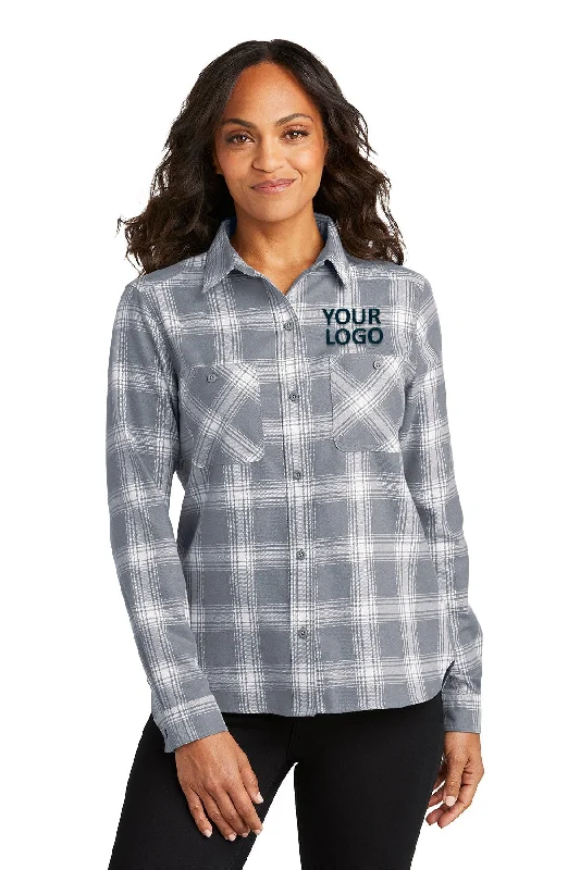 Port Authority Ladies Customized Plaid Flannel Shirts, Grey/ Cream Open Plaid Seamless Knitted Crochet