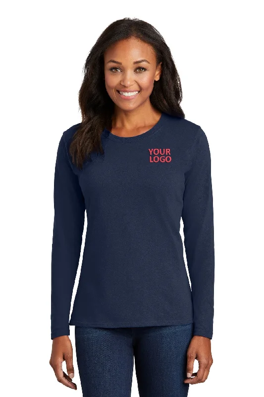 Port & Company Ladies Long Sleeve Customized Core Cotton Tee's, Navy Cotton Fabric Linen Fabric Terry Fabric