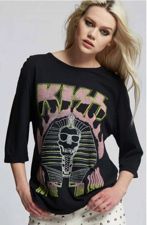 Recycled Karma Kiss Hot in the Shade Tour 3/4 Sleeve Tee Satin Fabric Silk Fabric Chiffon Fabric