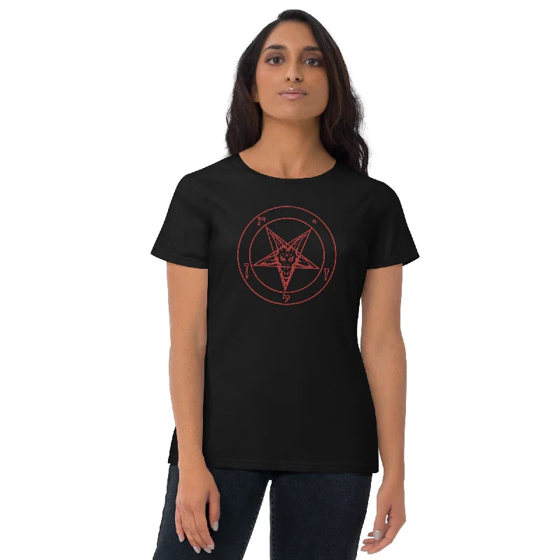 Red Sigil of Baphomet Insignia of Satan Women's Short Sleeve Babydoll T-shirt Notch Collar Peter Pan Collar Cowl Neck