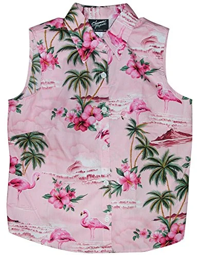 RJC Womens Pink Flamingo Hibiscus Sleeveless Button Down Shirt Asymmetrical Pockets Print