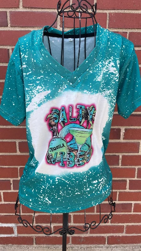 Salty Vibes Margarita Small T Shirt-Teal Bleached Graphic T-Shirt Round Neck Polyester