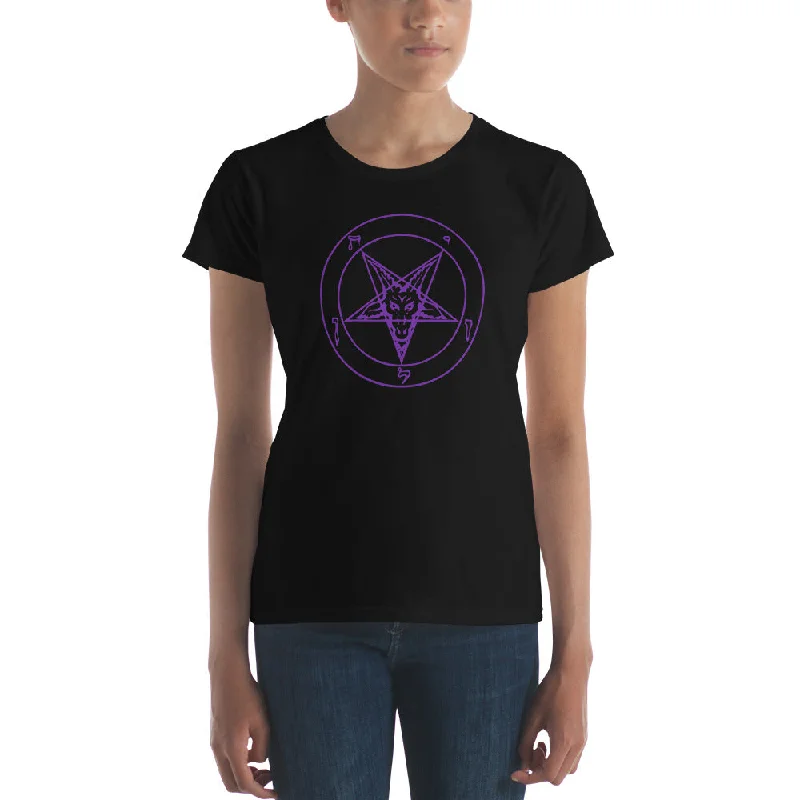 Purple Sigil of Baphomet Insignia of Satan Women's Short Sleeve Babydoll T-shirt Collared Crew Neck Turtle Neck