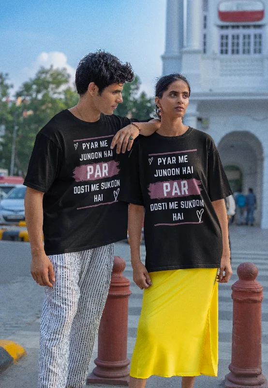 Unisex Oversized Black T-shirt Dosti Me Sukoon Hai Notch Collar Peter Pan Collar Cowl Neck