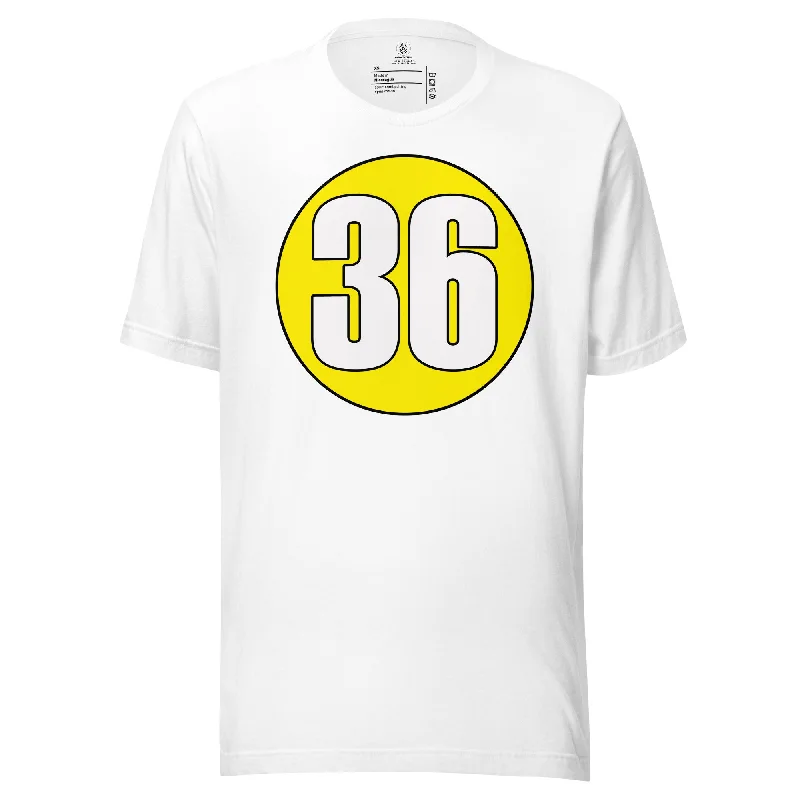 Unisex t-shirt: White on Yellow 36 Fashionable Trendy Casual