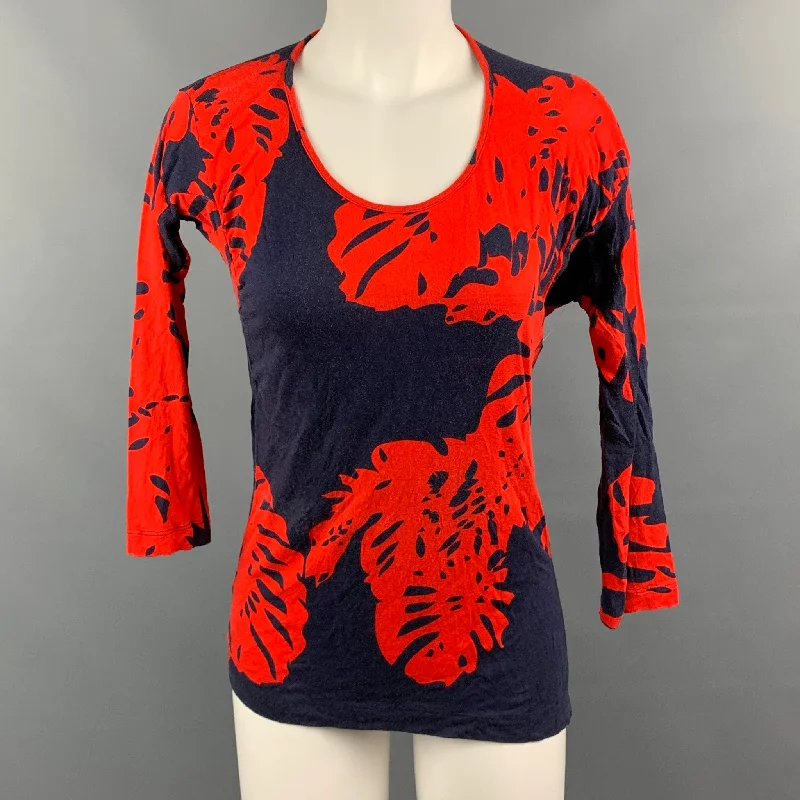 VIVIENNE WESTWOOD ANGLOMANIA Size M Navy / Red Leafs Asymmetrical T-Shirt Lace Blend Ribbed Blend Corduroy Blend