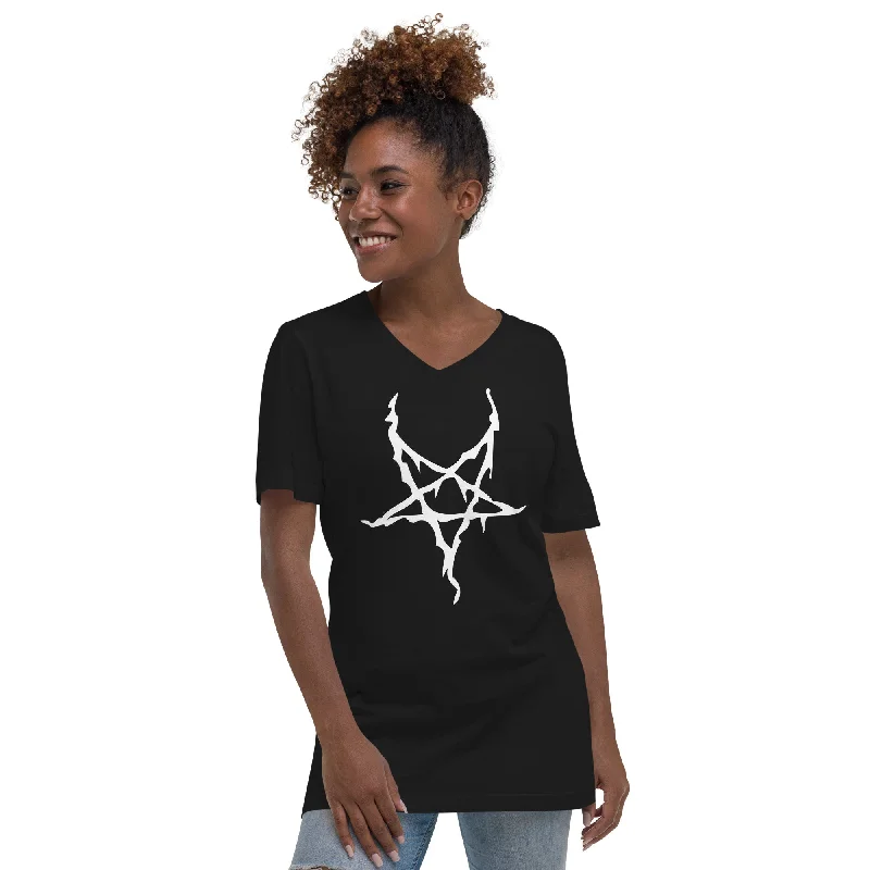 White Melting Inverted Pentagram Black Metal Style Women’s Short Sleeve V-Neck T-Shirt Embroidered Appliqued Beaded