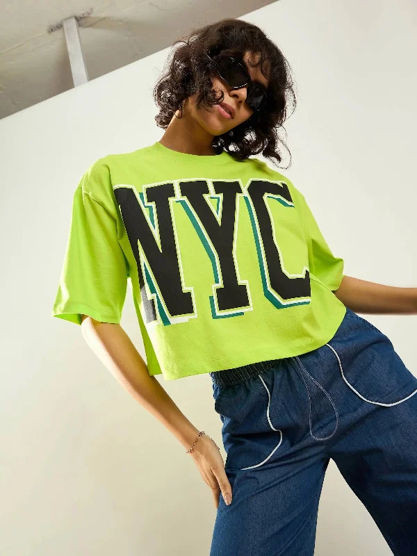 Women Neon Green NYC Printed Crop T-shirt Machine Wash Dry Clean Hand Wash