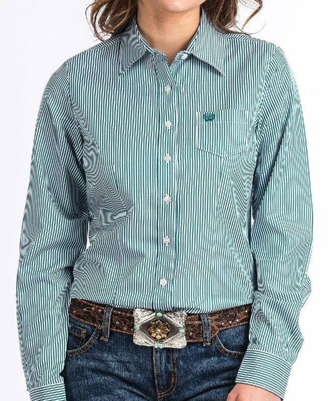 Women's Cinch Teal Pinstripe Tencel Button Down Shirt Knit Fabric Woven Fabric Fleece Fabric