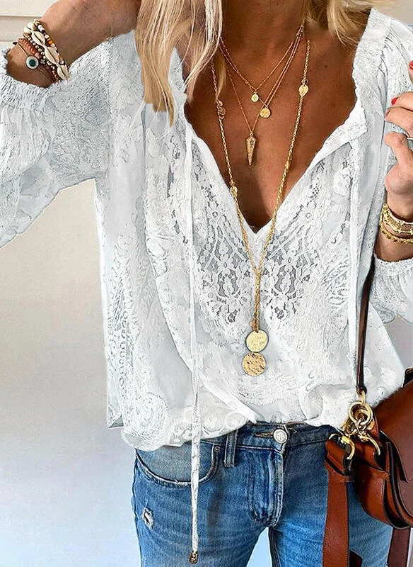 Women's Loose Printed Solid Color Lace Shirt Mesh Blend Leather Blend Suede Blend