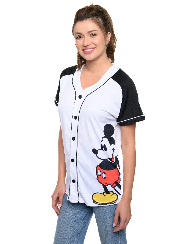 Women's Mickey Mouse Baseball Jersey Shirt White Button Down Beige Jersey Tee