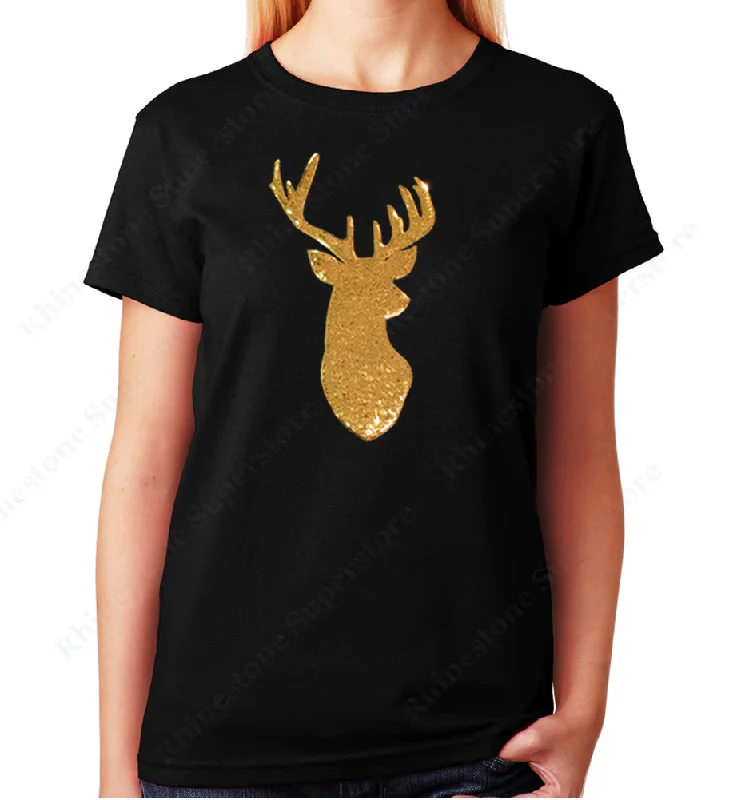 Women's / Unisex T-Shirt with Gold Reindeer in Sequence Fleece Nylon Spandex