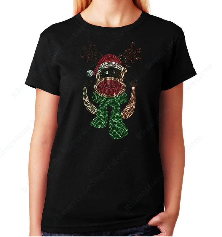 Women's / Unisex T-Shirt with Red Nosed Reindeer with Scarf in Rhinestones Ribbed T-Shirt High Neck Heavyweight