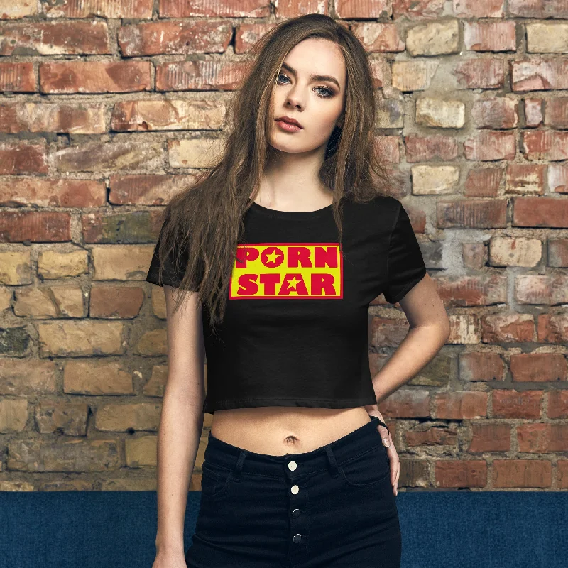 Yellow and Red Porn Star Logo Women’s Crop Tee Chenille Brocade Lace