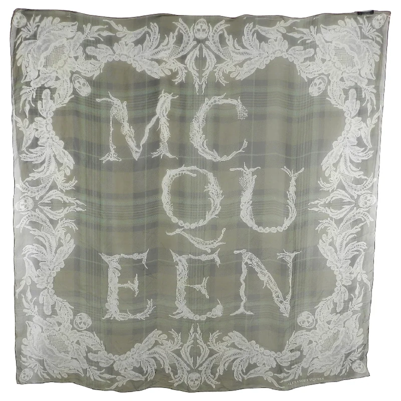 Alexander McQueen Dark Olive Green Silk Check Skull Logo Shawl Scarf Trendy Sheer Shawl Wrap