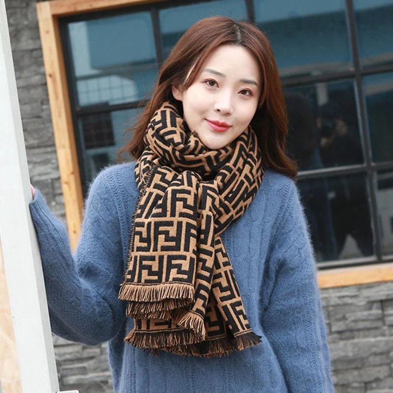 Autumn and Winter Women's Scarf Imitation Cashmere Thickening Fashion Letter Wild Scarf Pure Color Wild Scarf Shawl Cozy Plaid Shawl Scarf