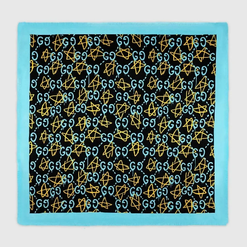 Gucci Ghost Black Blue GG Star Modal Silk Large Scarf Shawl w/Box Elegant Silk Shawl Scarf