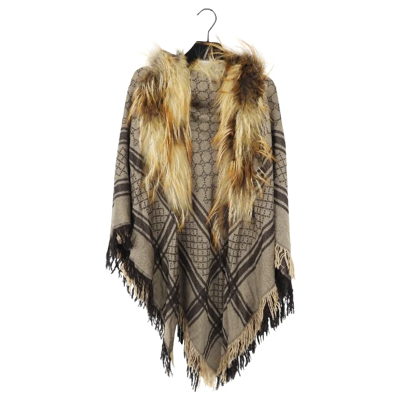 Gucci Vintage Brown Monogram Wool-Silk Blend and Fox Fur Trim Shawl Scarf Trendy Oversized Shawl Cape