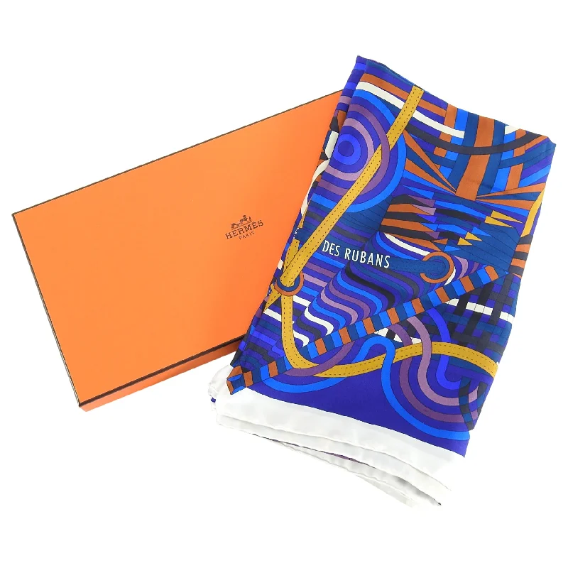 Hermes La Fabrique des Rubans Blue 140cm Summer Silk Twill Shawl Scarf Elegant Long Shawl Scarf