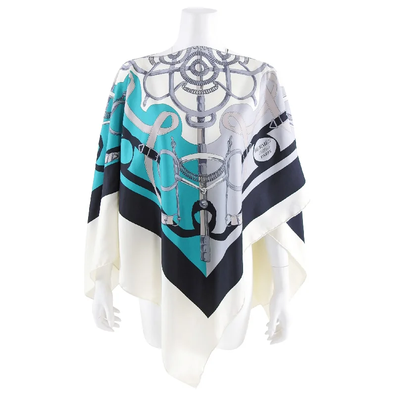 Hermes L'Eperon D'Or Turquoise Silk Scarf Poncho Shawl Stylish Cashmere Shawl Wrap