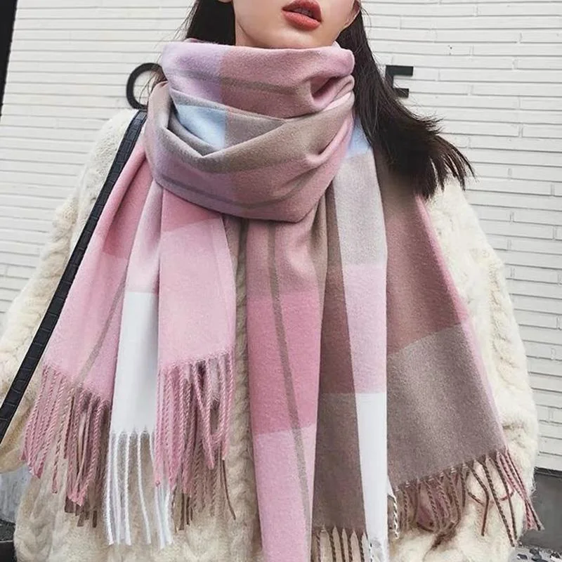 Plus Velvet Thickened Ladies Plaid Scarf Women's All-match Autumn and Winter Warm Bib Shawl Dual-use Cashmere-like Soft Warm Fabric Comfortable Silk Shawl