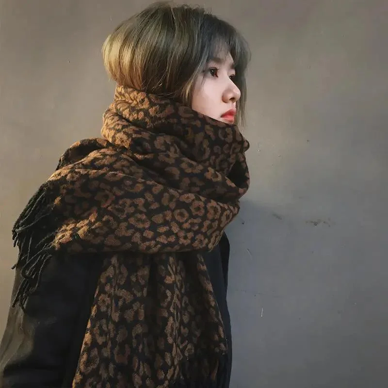 =Winter Imitation Cashmere Scarf Korean Fashion Leopard Print Scarf Thick Warm Women's Dual-use Scarf Shawl Fashionable Shawl with Tassels