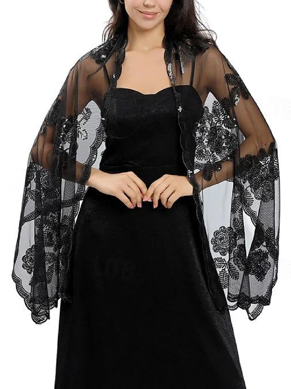 Women's Wedding Guest Sleeveless Tulle Wrap/Shawl with Sequins Elegant Velvet Shawl Wrap