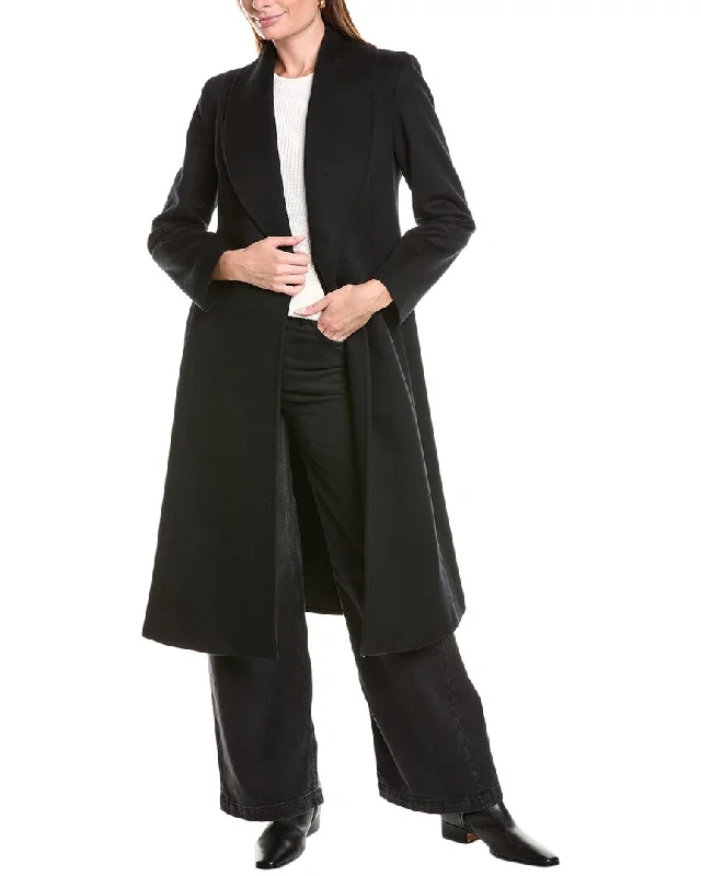 Sofiacashmere Shawl Collar Wool & Cashmere-Blend Coat Fashionable Shawl with Tassels