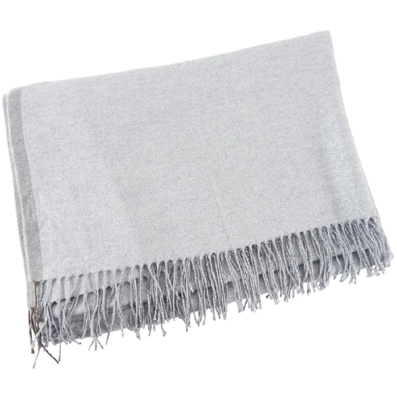 Brunello Cucinelli Light Grey Silk Blend Shimmer Fringe Shawl Scarf Luxurious Cashmere Shawl Wrap