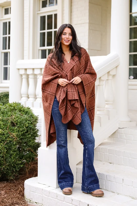 Cozy Success Rust Plaid Shawl - DOORBUSTER Soft Knit Shawl Poncho