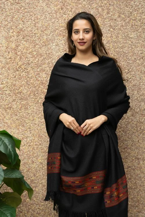 TICH Exclusive Soft Himachal Wool Shawl With Woven Border - Black Soft Pashmina Shawl Wrap