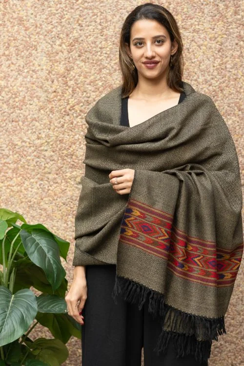 TICH Exclusive Soft Himachal Wool Shawl With Woven Border - Grey Green Comfortable Silk Shawl