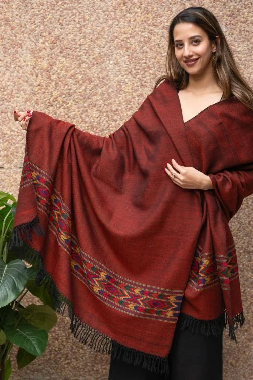 TICH Exclusive Soft Himachal Wool Shawl With Woven Border - Wine Red Casual Shawl with Fringes