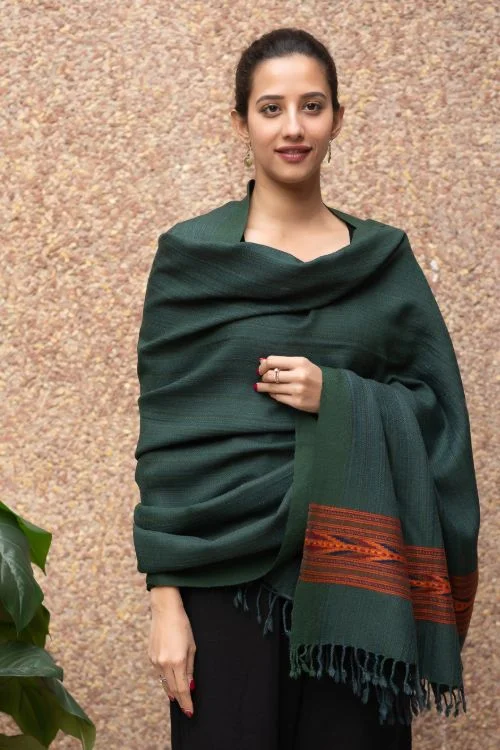 TICH Fine, Soft Himachal Plain Wool Shawl - Bottle Green Elegant Knit Shawl Cape