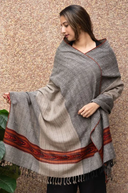 TICH Fine, Soft Himachal Wool Panel Shawl - Beige & Grey Warm Cashmere Shawl Wrap