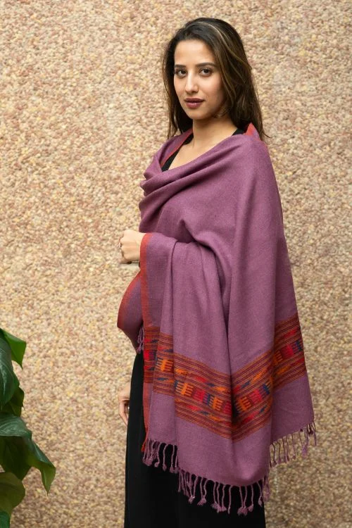 TICH Fine, Soft Himachal Wool Shawl - Mauve & Red Chic Knitted Shawl Wrap