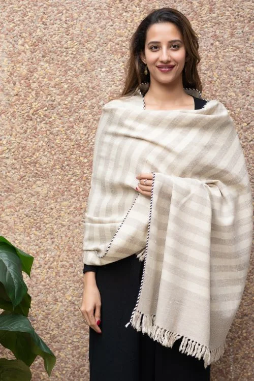 TICH Fine, Soft Himachal Wool Striped Shawl - Beige & Cream Trendy Boho Style Shawl