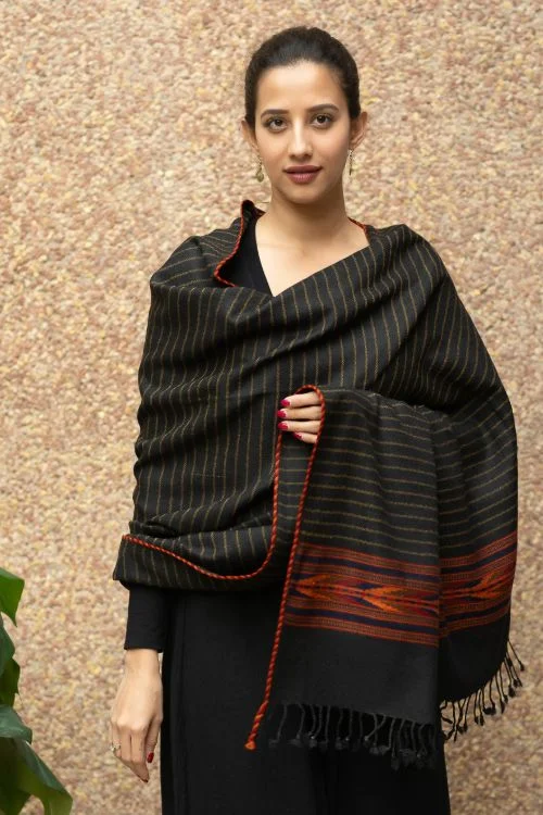 TICH Fine, Soft Himachal Wool Striped Shawl - Black & Red Classic Wool Shawl Wrap