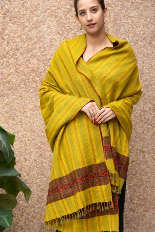 TICH Fine, Soft Himachal Wool Striped Shawl - Lime Yellow Stylish Long Shawl Wrap