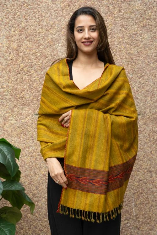 TICH Fine, Soft Himachal Wool Striped Shawl - Mustard Tones Elegant Velvet Shawl Cape